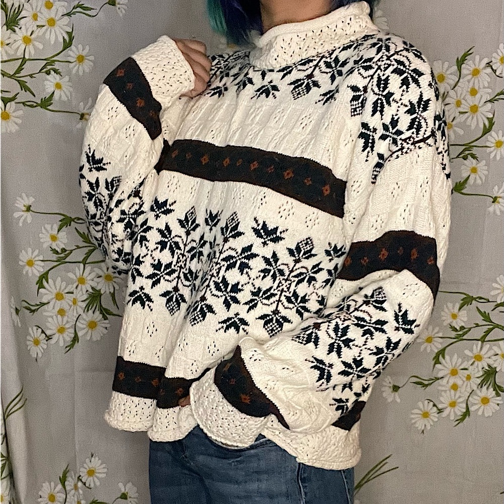 Vintage 80s crème green orange colorful stripe fair isle varied knit sweater